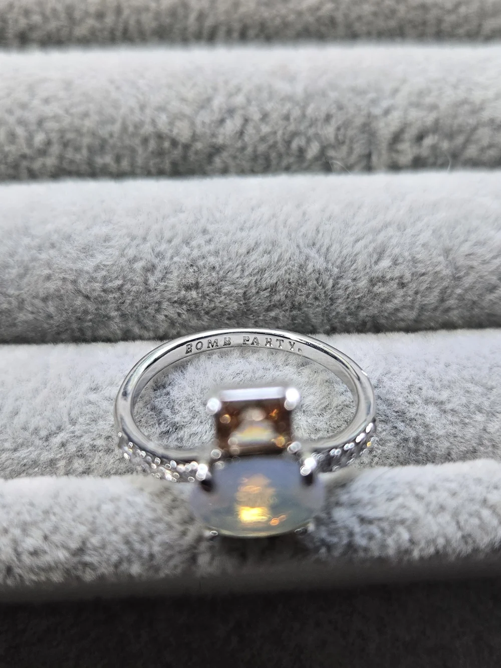 Bomb Party Ring Sz 7 RBP7477 ‘Journey Beyond’ White Opal & Smokey Topaz/Rhodium